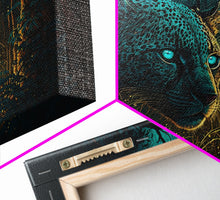 Load image into Gallery viewer, Blue Eyed Black Panther, framed canvas print, unique wall art, wildlife canvas art, living room wall art