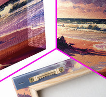 Load image into Gallery viewer, Boho Style Whimsical Beach Art, Framed Canvas Print, Minimalist Modern Farmhouse Decor, Pink Sunset Sky over the beach