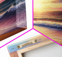 Load image into Gallery viewer, Boho Style Whimsical Beach Art, Framed Canvas Print, Minimalist Modern Farmhouse Decor, Pink Sunset Sky over tide rolling in