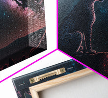 Cargar imagen en el visor de la galería, Cheetah overlooking the valley, synthwave retro style animal prints, framed canvas print, framed wall art, starry Africa night sky