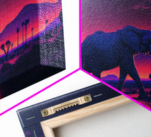 Load image into Gallery viewer, Elephant Art | Framed Canvas Print | Synthwave Style Framed Wall Art | Animal Prints | Elephant Walks Under A Full Moon | Kid's Room Decor