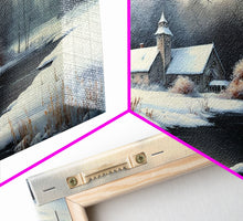 Cargar imagen en el visor de la galería, Snow Covered Landscape Art | Church Art | Framed Canvas Print | Snowy Winter Scene | Boho Minimalist Modern Art