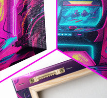 Cargar imagen en el visor de la galería, Game Room Decor, Framed Canvas Print, Synthwave Arcade, Boys Room, Gamer Gift, Gaming Wall Art, Video Game Posters, Teen Room