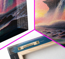 Carregar imagem no visualizador da galeria, A Mythical Waterfall and Rainbow pouring Into the ocean blue at sunset, framed canvas print