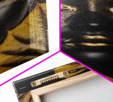 Load image into Gallery viewer, Beautiful Woman Art Framed Canvas Print Black Gold Woman Wall Art Lady Print, Gold Face Leaves Palm decor ready to hang Ethnic girl portrait