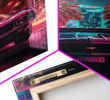 Load image into Gallery viewer, American Muscle Car on Sunset Strip, Retro Synthwave Art, Framed Canvas Print, Gift For Him, Muscle Car Art
