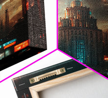 Load image into Gallery viewer, Art Deco Cyberpunk Cityscape Canvas Print, Scifi art, cool wall art for mancave, dystopian art, architecture