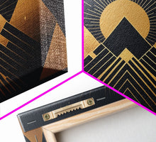 Carregar imagem no visualizador da galeria, Art Deco Style Mountain landscape at Sunset, Framed Canvas Print, Large Format Wall Art, Huge Wall Decor, Black and Gold