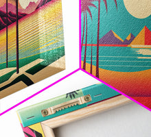 Load image into Gallery viewer, Beautiful Turquoise Retro Style Beach Art, Triptych 3 Panel Framed Canvas Prints, Palm Trees and Sunset, 80s Vibes Vaporwave Art Deco Mashup