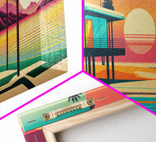 Load image into Gallery viewer, Beautiful Turquoise Retro Style Beach Art, Triptych 3 Panel Framed Canvas Prints, Palm Trees and Sunset, 80s Vibes Vaporwave Art Deco Mashup