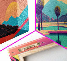 Load image into Gallery viewer, Beach Vibes - Midcentury / Art Deco / 80 Vibes Mash up - Framed Canvas Prints - Turquoise Sky and Palme Trees - 3 Panel Art, Triptych Prints