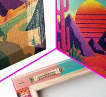 Carregar imagem no visualizador da galeria, 3 Piece Framed Canvas Wall Art, Synthwave / Vaporwave Sunset, Palme Trees and Cactus, Mid Century Modern Home Artwork Boho Decor for Bedroom