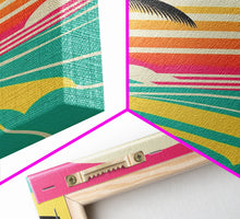 Carregar imagem no visualizador da galeria, Framed Art Deco Canvas Print - Sunset Beach Scene, Minimalist Palms, Retro Style - Pink and Turquoise Vaporwave Art