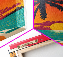 Carregar imagem no visualizador da galeria, Framed Canvas Print - Art Deco Sunset, Beaches, Minimalist Palm trees - Island Vibes - Retro Tropical Art - Pop Art Beach Decor