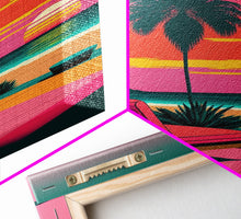 Carregar imagem no visualizador da galeria, Framed Canvas Print – Art Deco Sunset Beach, Minimalist, Retro, Palm Trees, Synthwave, Vaporwave, Island Vibes, Lounging, Synthwave Deco