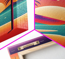 Carregar imagem no visualizador da galeria, Framed Canvas Print | Art Deco Sunset | Retro Style | Palm Trees | Island Vibes | Desert Pyramids and Palm Trees | Desert Art
