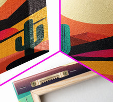 Load image into Gallery viewer, Pop Art Framed Canvas Print of Desert Landscape at Sunset, Outrun Style Sunset Full Moon Art, Unique 80s Vibe Retro Art, Art Deco