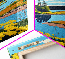 Cargar imagen en el visor de la galería, Colorful Pop Art Picture of a Stream, Framed Canvas Print, Surrealist High Contrast Cel Shaded Landscape Art