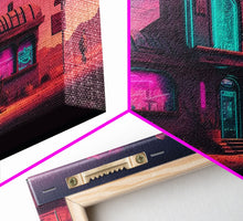 Load image into Gallery viewer, Art Deco Cyberpunk Diner, Wild West Mashup Art, Framed Canvas Print, Neon Art, Wild West Concept Art