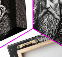 Load image into Gallery viewer, Black and White Portrait of Odin and Muninn, King of The Gods, Framed Canvas Print, Odin's Ravens, Norse Mythology Art