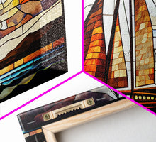 Carregar imagem no visualizador da galeria, Art Deco Stained Glass Sail Boat Wall Art | Framed Canvas Print | Nautical Art | Seascape Art | Beach House Decor