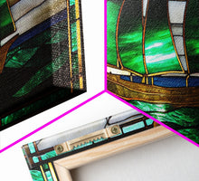 Load image into Gallery viewer, Emerald Green and Gold Art Deco Sail Boat, Framed Canvas Print, Retro MCM Style Wall Art, Midcentury Modern, Vintage Style, Stained Glass