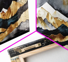 Load image into Gallery viewer, Black & Gold Mountain Landscape Painting, Framed Canvas Print, Panoramic Art, Extra Wide Art, Center Piece Decor, Above Fireplace or Sofa