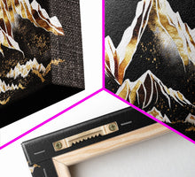 Load image into Gallery viewer, Black & Gold Mountain Landscape Painting, Framed Canvas Print, Panoramic Art, Extra Wide Art, Center Piece Decor, 24 x 72 Art, Huge Art