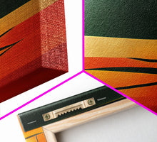 Load image into Gallery viewer, Art Deco Wall Art, Framed Canvas Print, Emerald Green and Gold Palm Tree Leaves and Sunset, Panoramic Ultrawide Art, Large Format Wall Decor