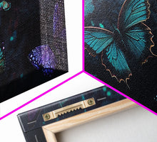 Load image into Gallery viewer, Blue Butterflies, Framed Canvas Print, Bioluminescent Glowing Butterfly Art, Framed Wall Art