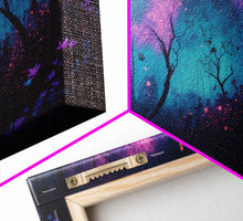 Load image into Gallery viewer, Beautiful Fantasy Forest, Framed Canvas Print, Fantasy Art, Butterflies and Fireflies Light up a Fairy Forest At Night, Framed Wall Art