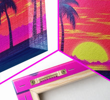 Load image into Gallery viewer, Beach sunset Wall Art, Framed Canvas Print, Colorful painting, Vibrant art, Synthwave Style, Warm Colors, Pop Art style, Tropical art
