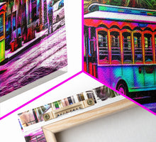 Load image into Gallery viewer, Colorful Vibrant Tram Wall Art, Palm Trees Art Print, Colored Pencil Sketch, Framed Canvas, Abstract Art, Panoramic, Wall Art, Canvas Print