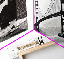 Load image into Gallery viewer, Black And White Suspension Bridge Canvas Print, Large Urban Art Print, Sailboat, River, Landscape, Panoramic, Wall Art, Canvas Print