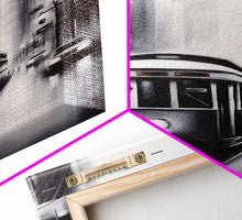 Carregar imagem no visualizador da galeria, Brooklyn Street Car Trolley, Framed Canvas Print, Retro Charcoal Drawing of NYC in The Rain