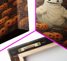 Carregar imagem no visualizador da galeria, Fall Omens - Spooky Ghost In A Pumpkin Patch, Halloween Decor, Fall Art, Framed Canvas Print, Spooky Halloween Decor