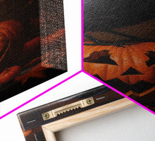 Load image into Gallery viewer, Crow Atop A Jack O Lantern, Framed Canvas Print, Halloween Decor, Raven Painting, Victorian Oil Painting Print, Macabre Horror Print