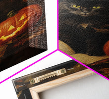 Cargar imagen en el visor de la galería, Cute Witch Cat Reading Her Book Of Spells, Vintage Halloween Art, Framed Canvas Print, Halloween Canvas Art, Witchcraft