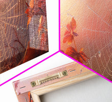 Load image into Gallery viewer, Dew Covered Spiderweb In The Fall, Framed Canvas Print, Autumn Centerpiece, Fall Leaves In The Autumn