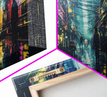 Load image into Gallery viewer, Cyberpunk Tokyo City Streets, Framed Canvas Print, Cyberpunk Style Wall Art, Synthwave Decor, Videogame Concept Art
