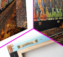 Carregar imagem no visualizador da galeria, Abandoned Train Tracks, Urban Decay Graffiti Photography, Framed Canvas Print, Industrial Loft Decor, Loft Wall Art, Urban Art