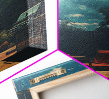 Load image into Gallery viewer, Back Yard Chillin', Summer Vibes, Framed Canvas Print, Retro Midcentury Modern BBQ Art, BBQ During An Eclipse, Liminal Art, Minimalist MCM