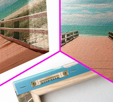 Load image into Gallery viewer, Beach Boardwalk, Vaporwave Summer Vibes, Framed Canvas Print, Retro Midcentury Modern Art, Liminal Art, Minimalist MCM Lakehouse Art