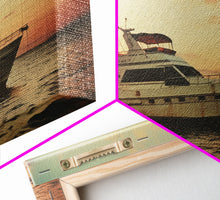 Load image into Gallery viewer, An Abandoned Yacht at Sunset - Framed Canvas Print - Nautical Decor - Vaporwave Art - Liminal Spaces - Urban Decay - Eclectic Wall Art