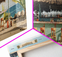 Load image into Gallery viewer, Beachside Tiki Hut Bar and Grill, Framed Canvas Print, Liminal Art, Framed Wall Decor Beach Photography, Surf Art, Surf Print Nautical Decor