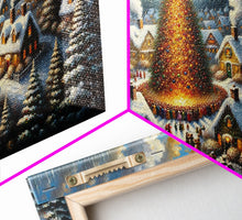 Carregar imagem no visualizador da galeria, Abstract Christmas Village Centerpiece Wall Art | Framed Canvas Print | Christmas Oil Painting Winter Wonderland | Retro Farmhouse Christmas
