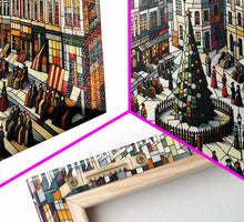 Carregar imagem no visualizador da galeria, Art Deco Stained Glass Style Christmas Village - Framed Canvas Print - Retro Xmas Art - Christmas Decor - Christmas Wall Art - Christmas Art