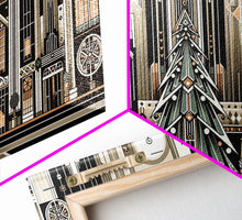 Load image into Gallery viewer, Art Deco Pattern Christmas Village - Framed Canvas Print - Retro Xmas Art - Christmas Decor - Christmas Wall Art - Christmas Art