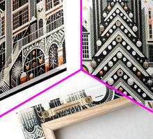 Load image into Gallery viewer, Art Deco Pattern Christmas Village - Framed Canvas Print - Retro Xmas Art - Christmas Decor - Christmas Wall Art - Christmas Art - Art Deco