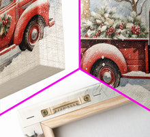 Cargar imagen en el visor de la galería, Christmas Tree Delivery - Retro Farmhouse Christmas Decor - Old Red Truck Delivering Christmas Trees - Framed Canvas Print - Holiday Decor